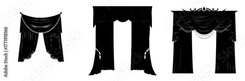 Modern realistic illustration of luxury velvet drapery with golden silk decor, home interior textile, theater stage decoration, classic valance, set against isolated white background with black drape