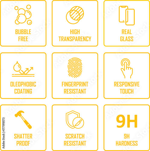 Screen protection icons for smartphones, tempered glass, Mobile screen protector icons