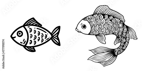 A fish icon and fish line art comprise a simple line art representation of fish, ideal for logos and icons related to fish