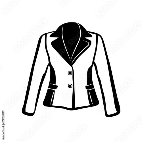 This CAD mockup and technical drawing template illustrates a woman's short pea coat design, characterized by a single-breasted, long-sleeved, buttoned, and collared style, in a flat sketch format for
