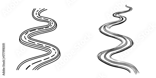 A winding road is depicted in isolation on a transparent background from a top-down perspective, presented in a modern illustrative style