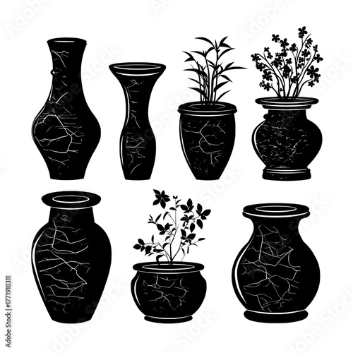 A modern cartoon illustration showcases isolated antique flower pots on a white background, highlighting ceramic, cracked stone, and clay vases used in gardening art and home interior design