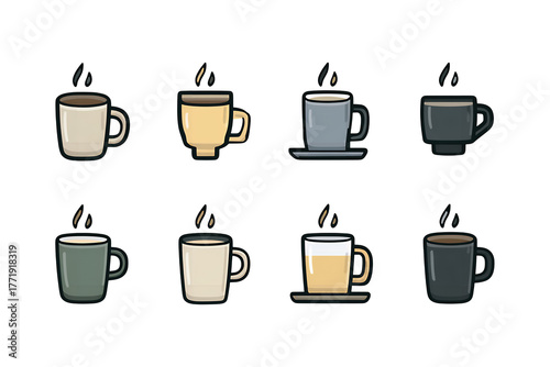 Wallpaper Mural Collection of eight steaming coffee and tea mugs with different designs and colors on a dark surface isolated on transparent background Torontodigital.ca