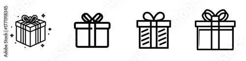 Icon of a gift box in line style, along with a surprising gift box symbol in PNG format, and signs for gift wrapping in modern illustration suitable for apps and websites