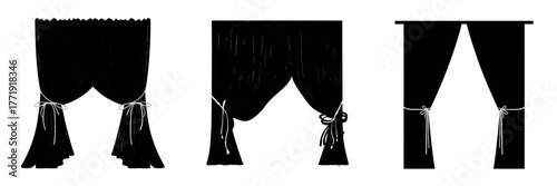 A modern and realistic illustration features black curtains isolated on a white background, complete with a yellow rope, golden ribbon bow, and classic valance, symbolizing home interior textiles and