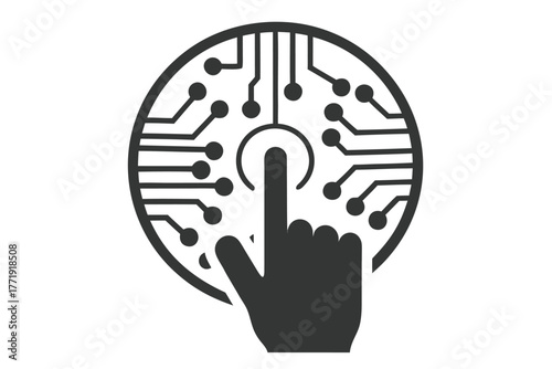 Human finger touches the round shaped circuit board in a monochrome digital technology scene