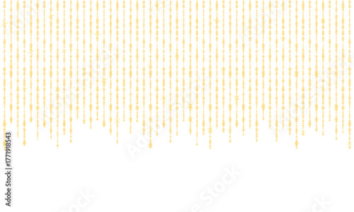 Realistic transparent vertical golden glitter curtain with shimmering fairy lights and luminous sparkle, elegant festive string lights decoration for Christmas celebration or wedding event background