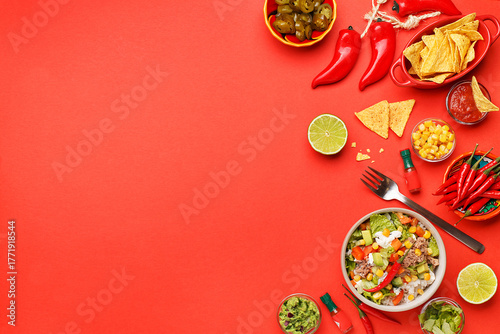 Set of traditional mexican dishes - burrito bowl, nachos, guacamole and salsa dressing, chili peppers, chopped jalapeno and lime on red background. Overhead view, flat lay, copy space