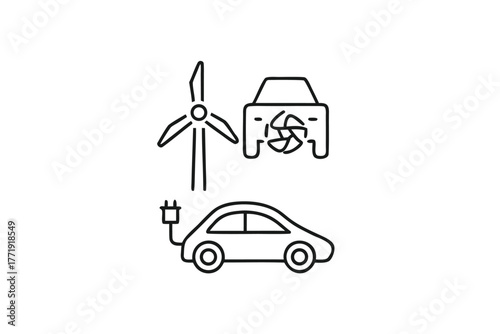 Iconography shows an electric vehicle charging with a wind turbine nearby using black lines