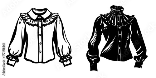 The technical flat sketch is of a Women's ruffle blouse featuring a button down top with ruffle collar and puff sleeve