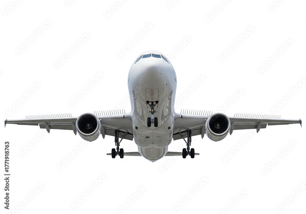 Obraz premium A large passenger aircraft, isolated on a transparent surface, landing gear and engines exposed, viewed from the front, rising from below. Aviation and the moment of takeoff/landing.