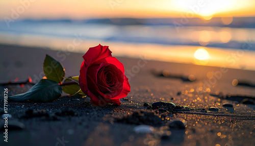 Single red rose lying on dark sand beach, golden hour sunlight, blurred ocean in background