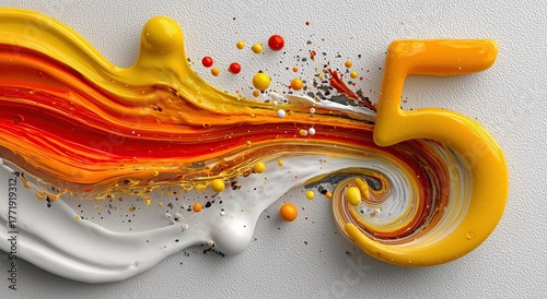 5, caramelo, sólido, 3D, dígito numérico amarillo,  derramando una explosión de color a su paso de burbujas de pintura roja, amarilla, naranja, cola de fuego sobre fondo blanco celebración aniversario