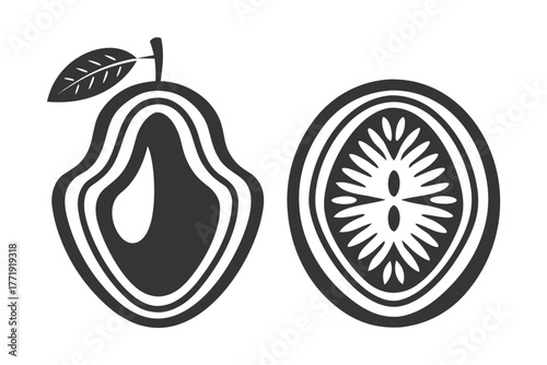 Isolated monochrome pear halved shows fruit anatomy beside sliced round fruit