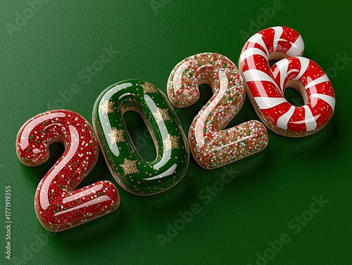 Caramelo estilo 3D de colores navideños, sobre fondo verde oscuro, con número 2026 en diagonal, dulce, relieve regalo pastillas, velas, jabón, objeto decorativo empapelar