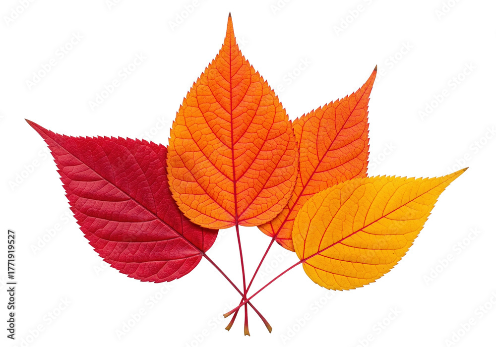 Fototapeta premium A bundle of autumn leaves in vivid red, orange, and yellow tones, isolated on a transparent background, symbolizing seasonal change and the beauty of nature.