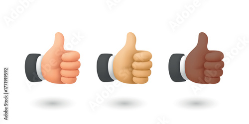Vector 3d Thumbs Up Hand Icon Set. Like Gesture Symbol, Approval Sign, OK Positive Feedback, Social Media Reaction. Different Skin Tone Hands. Agreement, Support Vector Illustration