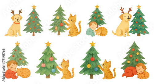 PNG Whimsical festive animals and trees, element set on transparent background