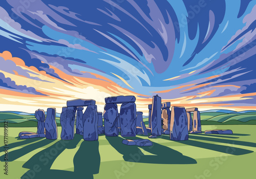 Stylized Illustration of Stonehenge Under a Dramatic Sky