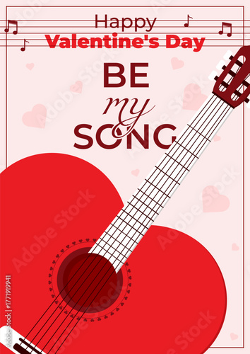 Flat style illustration of a heart-shaped guitar with the inscription Be My Song. Template for a Valentine's Day card, poster, or banner.