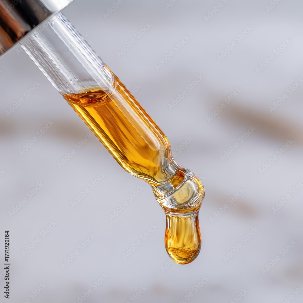 Fototapeta premium Golden Serum Drop - Close-Up of Liquid Medicine in Glass Pipette.