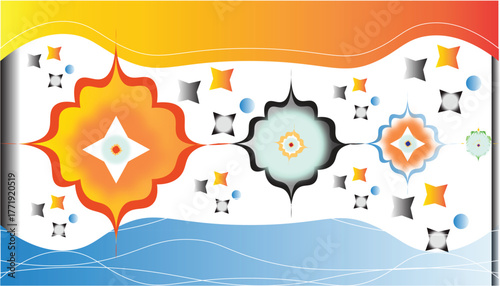 Abstract geometric floral patterns with vibrant gradient background and wavy lines