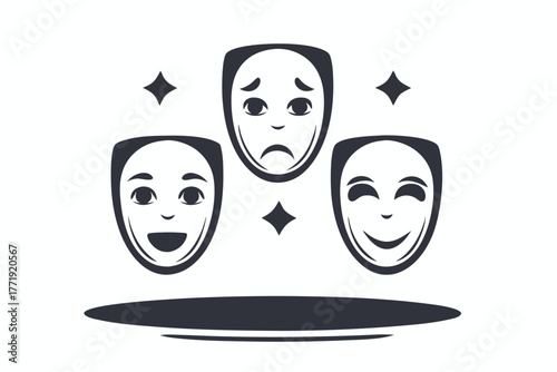 Masks display different expressions joy, sadness, and happiness, all represented with shining stars