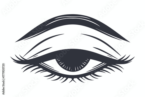 Minimalist eye art shows a dark eye, lashes, and eyebrow on white background