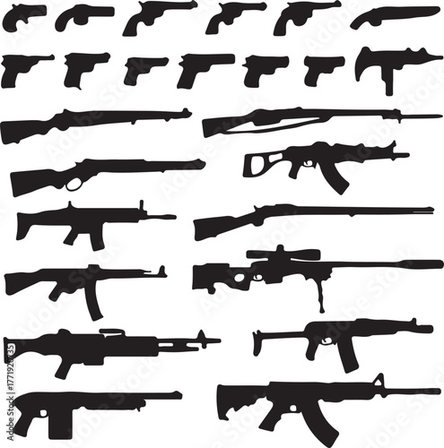 Set of 25 weapons silhouettes on white background. Various design of guns, rifles, assault rifle, machine gun, kalashnikov and many others.
