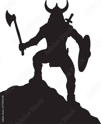 Editable vector silhouette of a viking warrior on a rocky outcrop with figure and weapons as separate objects

