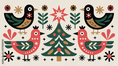 Charming folk art style holiday birds surround a festive Christmas tree with vibrant stars and snowflakes creating a whimsical winter wonderland scene