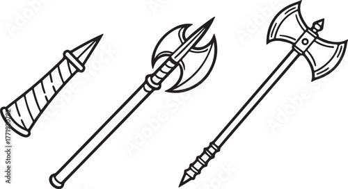 Array of Medieval Weapons and a Classic Shield, vector design Generative AI. A detailed illustration showcasing an assortment of medieval weapons, such as a sword, axe, and a round shield. Perfect for