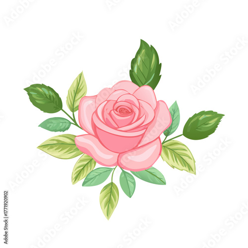 Colored vector illustration of watercolor single pink rose, symbol of tenderness and beauty, ideal for greeting cards, wedding decor, and romantic packaging design