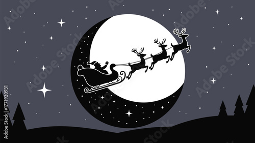 Magical Santa Claus sleigh ride across a giant moonlit sky with twinkling stars and silhouetted trees creating a festive holiday atmosphere