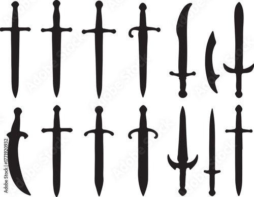 Diverse medieval and curved blade weapon silhouettes. A collection of black silhouettes of various swords and bladed weapons against a white background. The arrangement includes straight-bladed swords