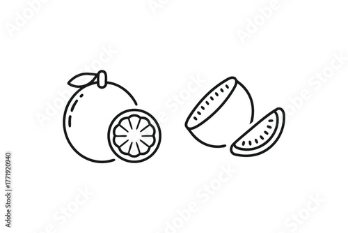 Minimalist outline showcases a whole orange, a slice, and a segmented portion on a white background