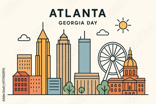 Atlanta georgia day skyline illustration with iconic landmarks and ferris wheel