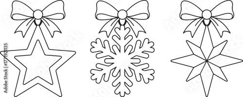 Assorted Christmas Ornament Shapes including candy, bell, heart and elongated decoration. Coloring vector set for holiday window decoration, Christmas card making, paper craft, and seasonal art class.