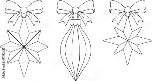 Festive Christmas decorations with ribbon bows including stars and striped elongated ball. Coloring template for Christmas gift wrapping, tree decoration craft, holiday scrapbook, seasonal art project