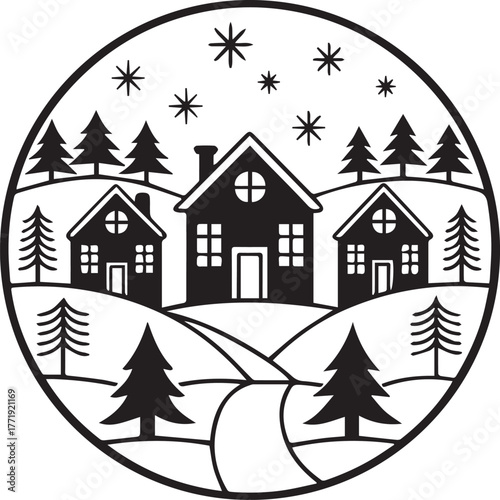 Bring your creative ideas to life with A black silhouette of a snowy village scene – a trendy silhouette design perfect for modern merchandise, apparel, and digital art. Sharp, scalable, and instantly