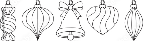 Star and Snowflake hanging decorations with bows, isolated on a clean background. Coloring template for holiday door hanger, Christmas window cling, seasonal garland, and winter art therapy activity.
