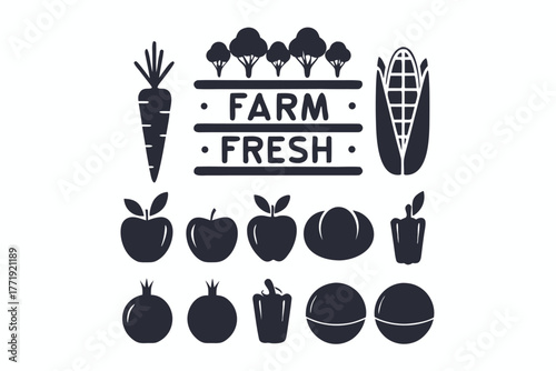 Minimalist vegetables and fruits feature farm fresh text above apples on a white backdrop