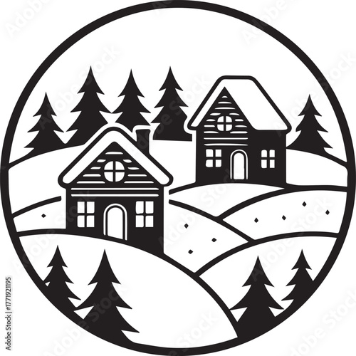 Bring your creative ideas to life with A black silhouette of a snowy village scene – a trendy silhouette design perfect for modern merchandise, apparel, and digital art. Sharp, scalable, and instantly