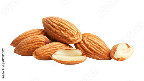 Pile of almonds with one cracked open isolated on a transparent background