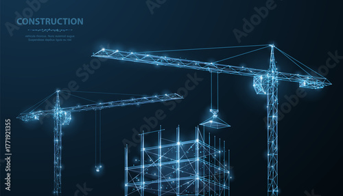 Construction. Polygonal wireframe building under crune on dark blue night sky with dots, stars. Construction, development, architecture or other concept illustration or background

