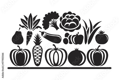 Monochrome collection of fruits and vegetables including pineapple, broccoli, pear, carrot and tomato in silhouette