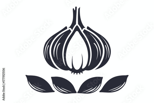 Monochrome depicts a whole garlic bulb with a sliced section showing cloves