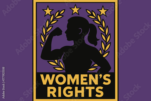 Silhouette of a woman flexing her bicep within a laurel wreath with stars and the words women s rights