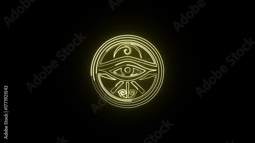Glowing neon line Eye of Horus icon with mystical light animation. Egyptian symbol animation HD video isolated on black background.