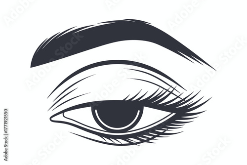 Monochrome drawing depicts a closed eye with thick lashes and eyebrow above